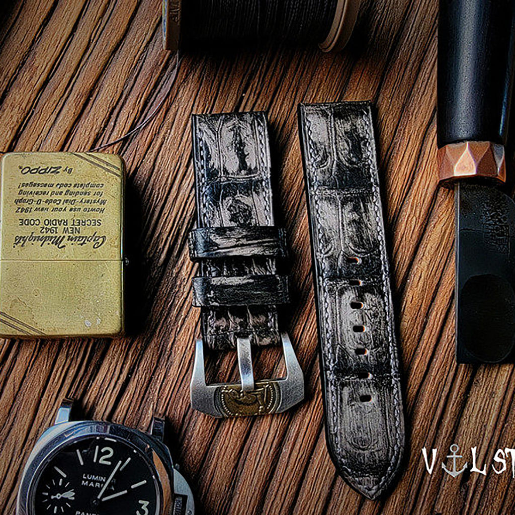 Handmade Custom Vintage American Matte Crocodile Leather Watch Strap - Matte Finish, Distressed Look, Pin Buckle