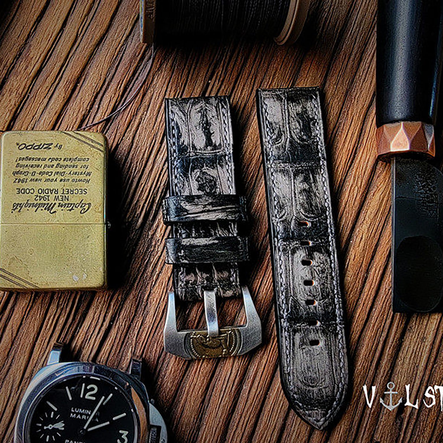 Handmade Custom Vintage American Matte Crocodile Leather Watch Strap - Matte Finish, Distressed Look, Pin Buckle