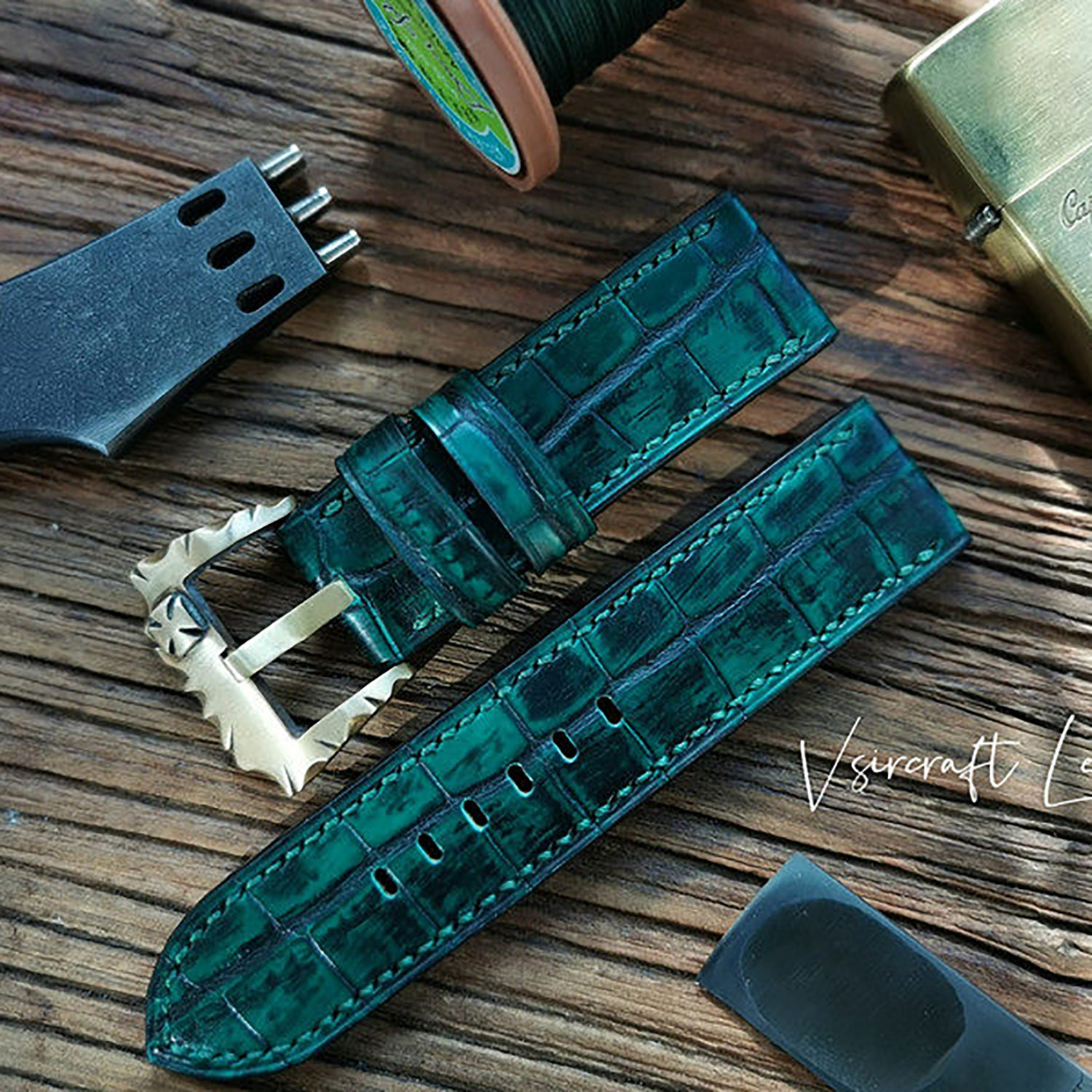 Handmade Custom Vintage American Matte Crocodile Leather Watch Strap - Matte Finish, Distressed Look, Pin Buckle