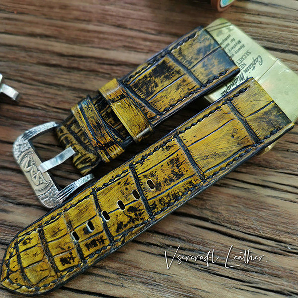 Handmade Custom Vintage American Matte Crocodile Leather Watch Strap - Matte Finish, Distressed Look, Pin Buckle