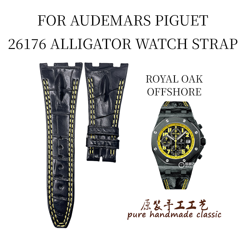 Compatible with Audemars Piguet Royal Oak Offshore 26176, black ALLIGATOR leather watch strap for men, 28mm