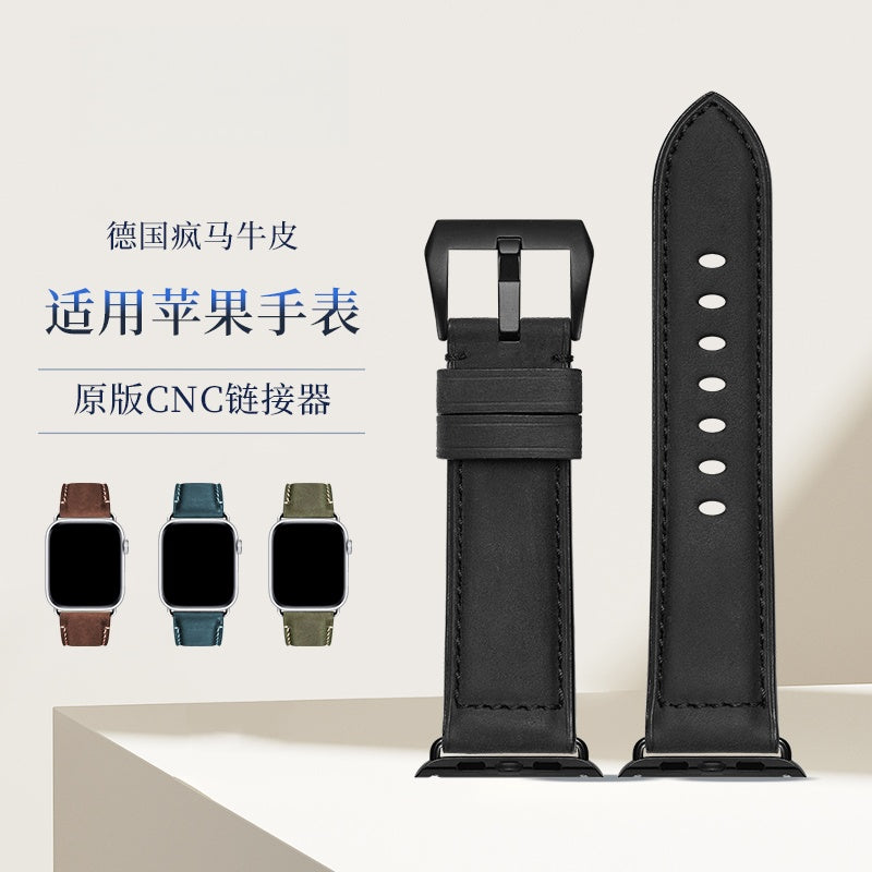 Genuine Leather Watch Band for Apple Watch Series 11/10/9/8/7/6/5/4/SE, Personality Crazy Horse Cowhide