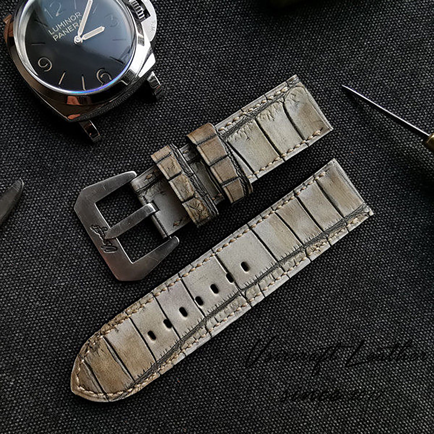 Handmade Custom Vintage American Matte Crocodile Leather Watch Strap - Matte Finish, Distressed Look, Pin Buckle