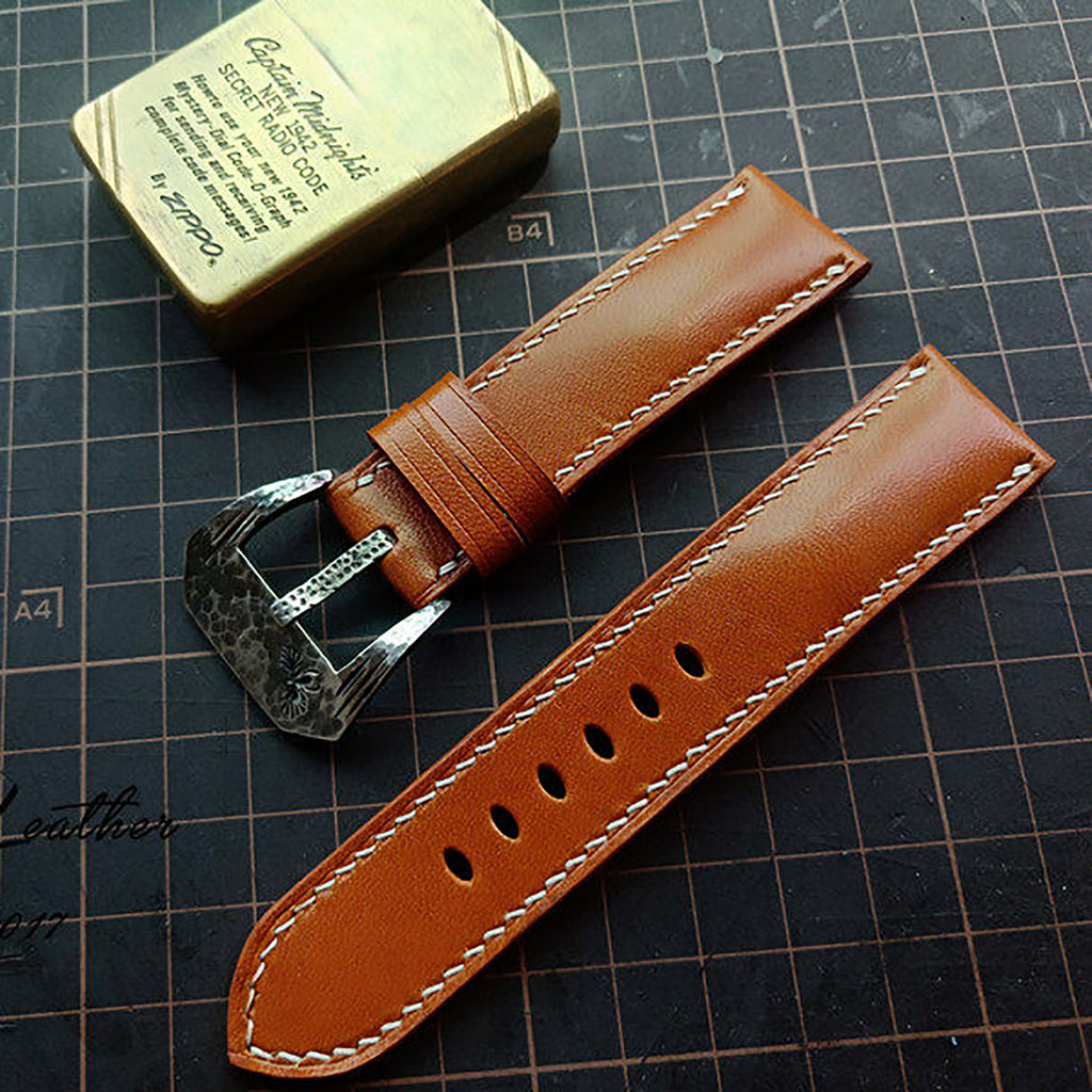 Handmade Custom Italian Chestnut Brown Cowhide Watch Strap - Sweat-Resistant, Soft, Genuine Leather Buckle
