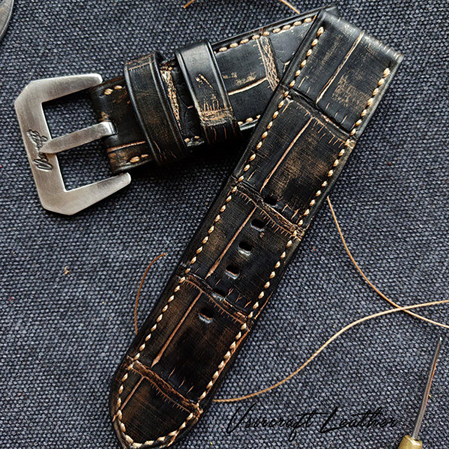 Handmade Custom Vintage American Matte Crocodile Leather Watch Strap - Matte Finish, Distressed Look, Pin Buckle