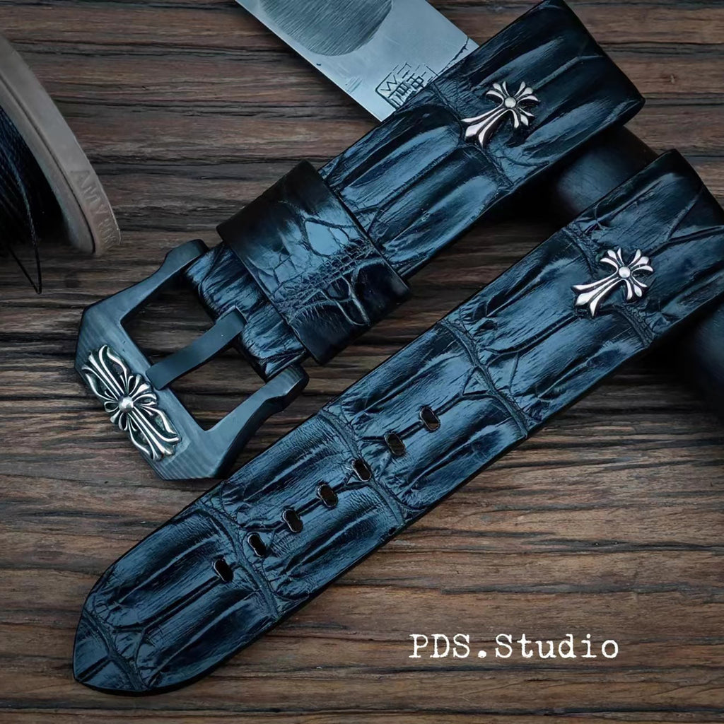 Handcrafted Custom Crocodile Bone Leather Watch Strap - Vintage Raised Inlay with Black, Waterproof & Sweat-Resistant