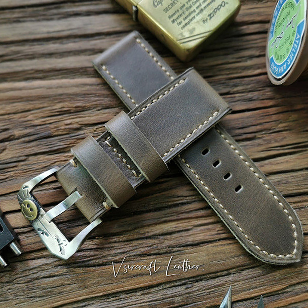 Handmade Custom American Vintage Olive Brown Thickened Cowhide Watch Strap - Soft, Durable, Pin Buckle, Cowhide Care