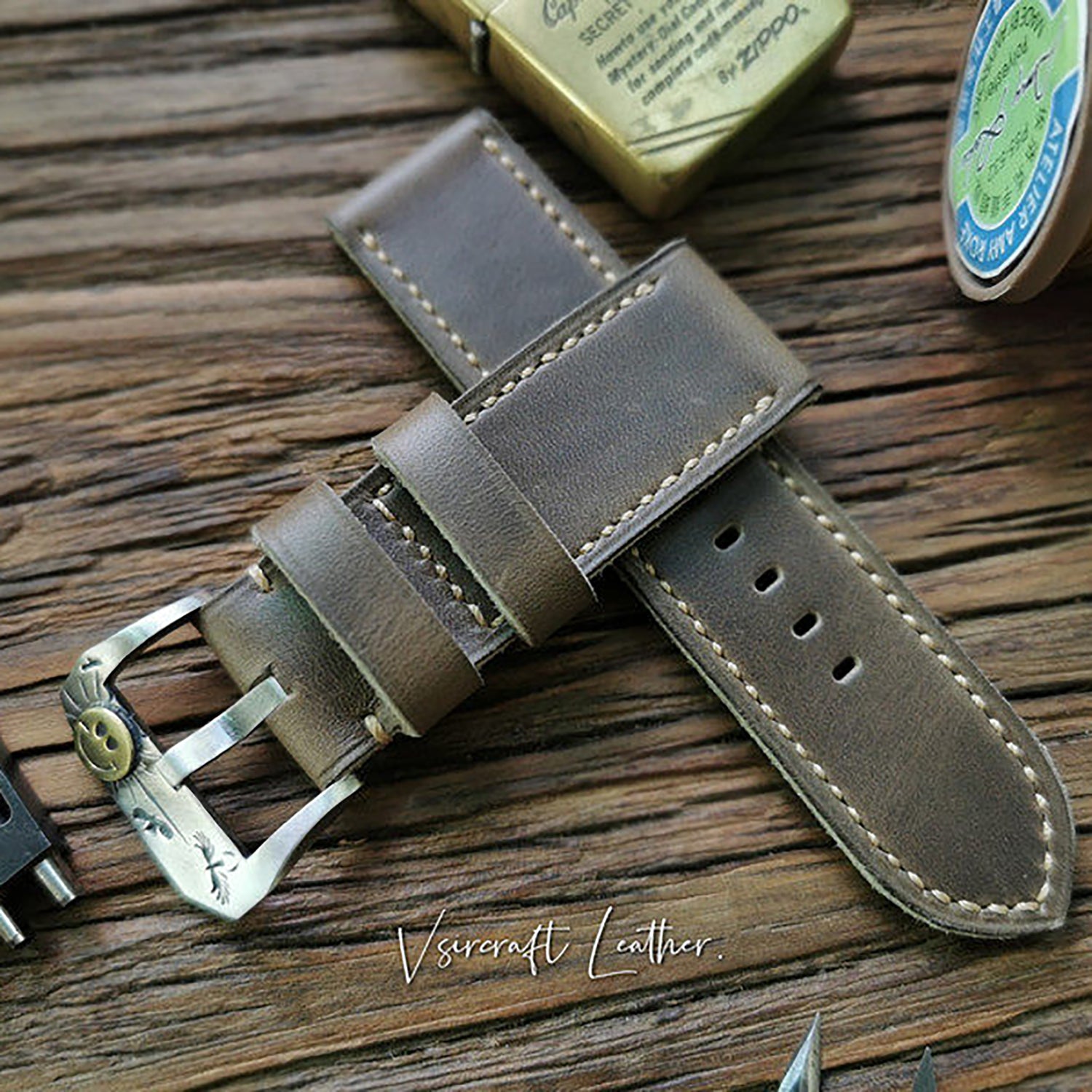 Handmade Custom American Vintage Olive Brown Thickened Cowhide Watch Strap - Soft, Durable, Pin Buckle, Cowhide Care