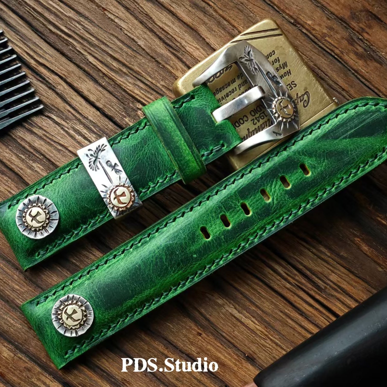 Handmade Custom Kudu Leather Watch Strap - Vintage Green, American Raised Texture, Pin Buckle, Extended Length