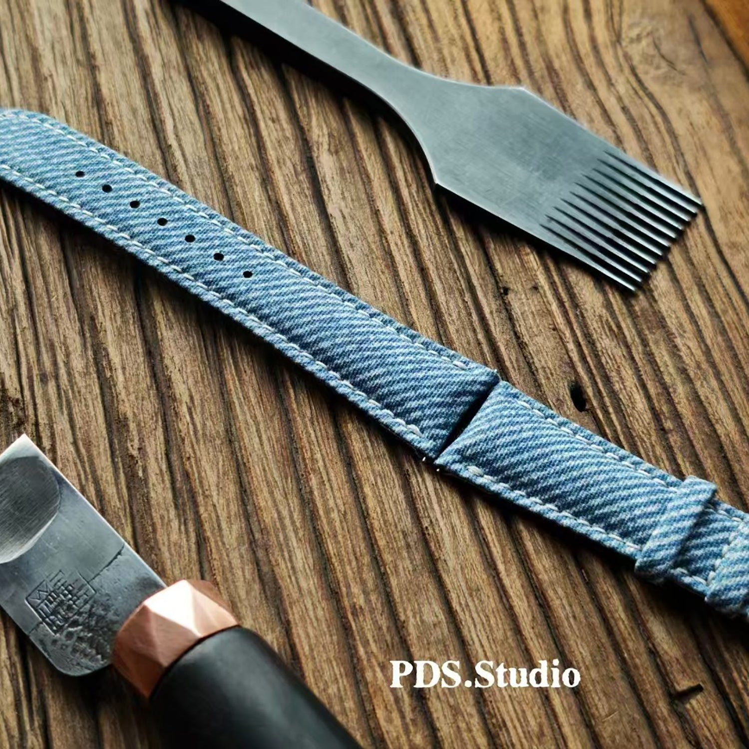 Handcrafted Custom Watch Strap - Imported Blue Denim & PP French Calf Leather, Minimalist Pin Buckle