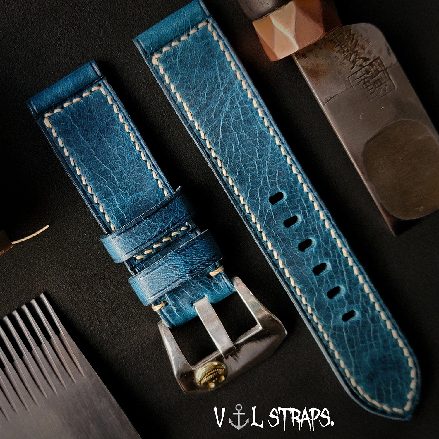 Handcrafted Italian Cracked Leather Watch Strap - Thickened Blue Version, Original Factory-Fitted