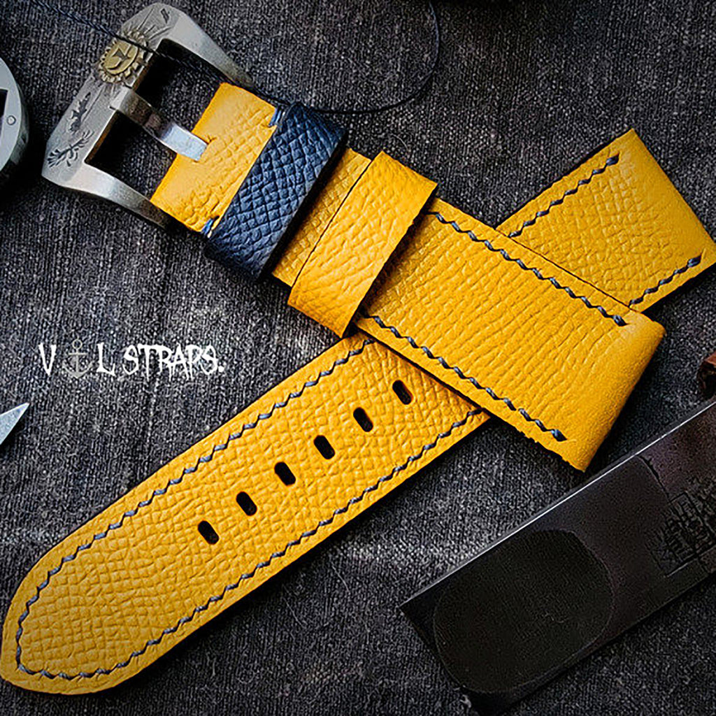 Handcrafted Custom French Calfskin Watch Strap, Color-Blocked & Contrast Design, Sweat-Resistant, Waterproof, Soft Texture with Pin Buckle