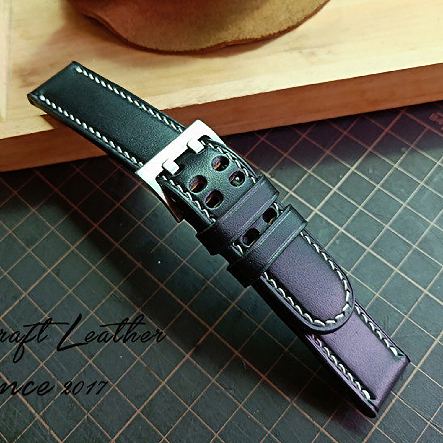 Handmade Custom Italian Black Cowhide Watch Strap - Double-Pin Double-Row Holes, Soft & Durable, Pin Buckle