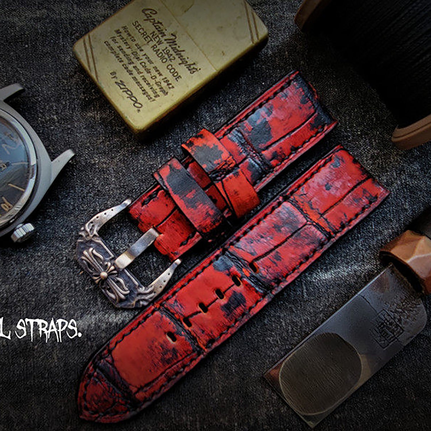 Handmade Custom Vintage American Matte Crocodile Leather Watch Strap - Matte Finish, Distressed Look, Pin Buckle