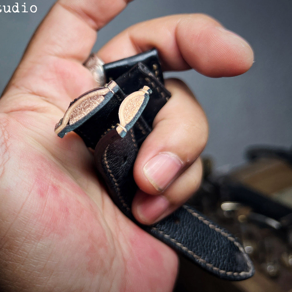 Handcrafted Custom Watch Strap - Horsehide with Drum Effect & Double-Strand Sword Bone Design, Glossy Black & Brown, Soft & Comfortable, Minimalist Style