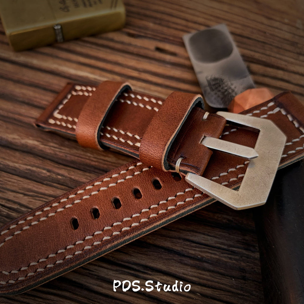 Handcrafted Custom Leather Watch Strap, British Vintage Style, Made of Brown Old-Growth Leather, Soft with Double Thread Sandwich Structure