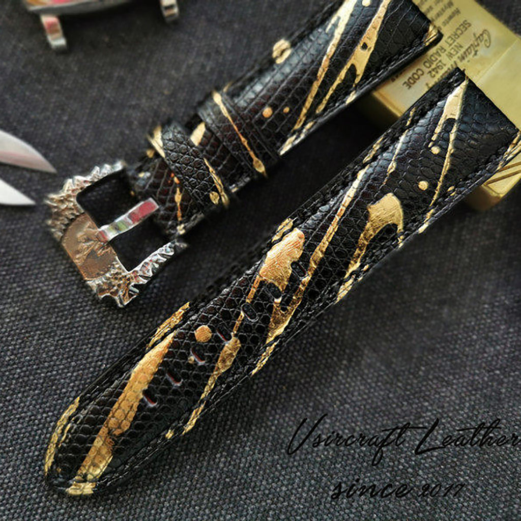 Handmade Custom Spanish Gilt Lizard Skin Watch Strap - Waterproof & Sweatproof, Black & Blue Pin Buckle