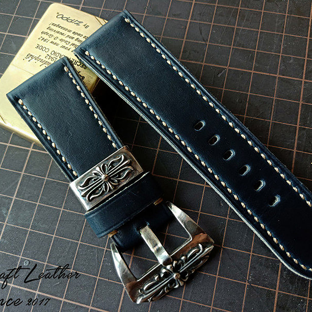 Handmade Custom American Horween Leather Watch Strap - Ink Blue & Dark Blue, Thickened & Soft, Pin Buckle