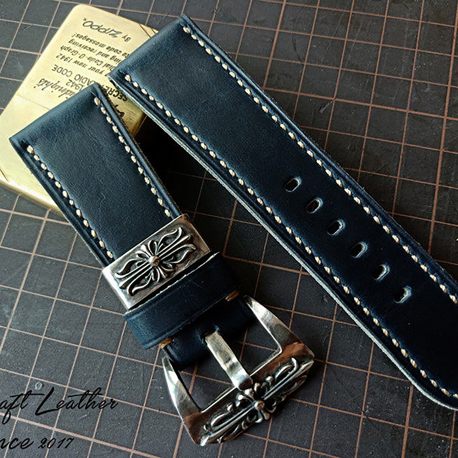 Handmade Custom American Horween Leather Watch Strap - Ink Blue & Dark Blue, Thickened & Soft, Pin Buckle