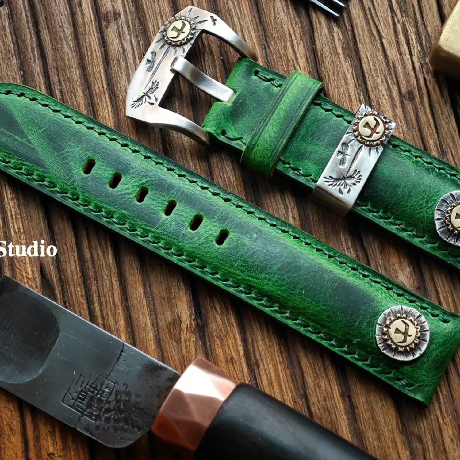 Handmade Custom Kudu Leather Watch Strap - Vintage Green, American Raised Texture, Pin Buckle, Extended Length