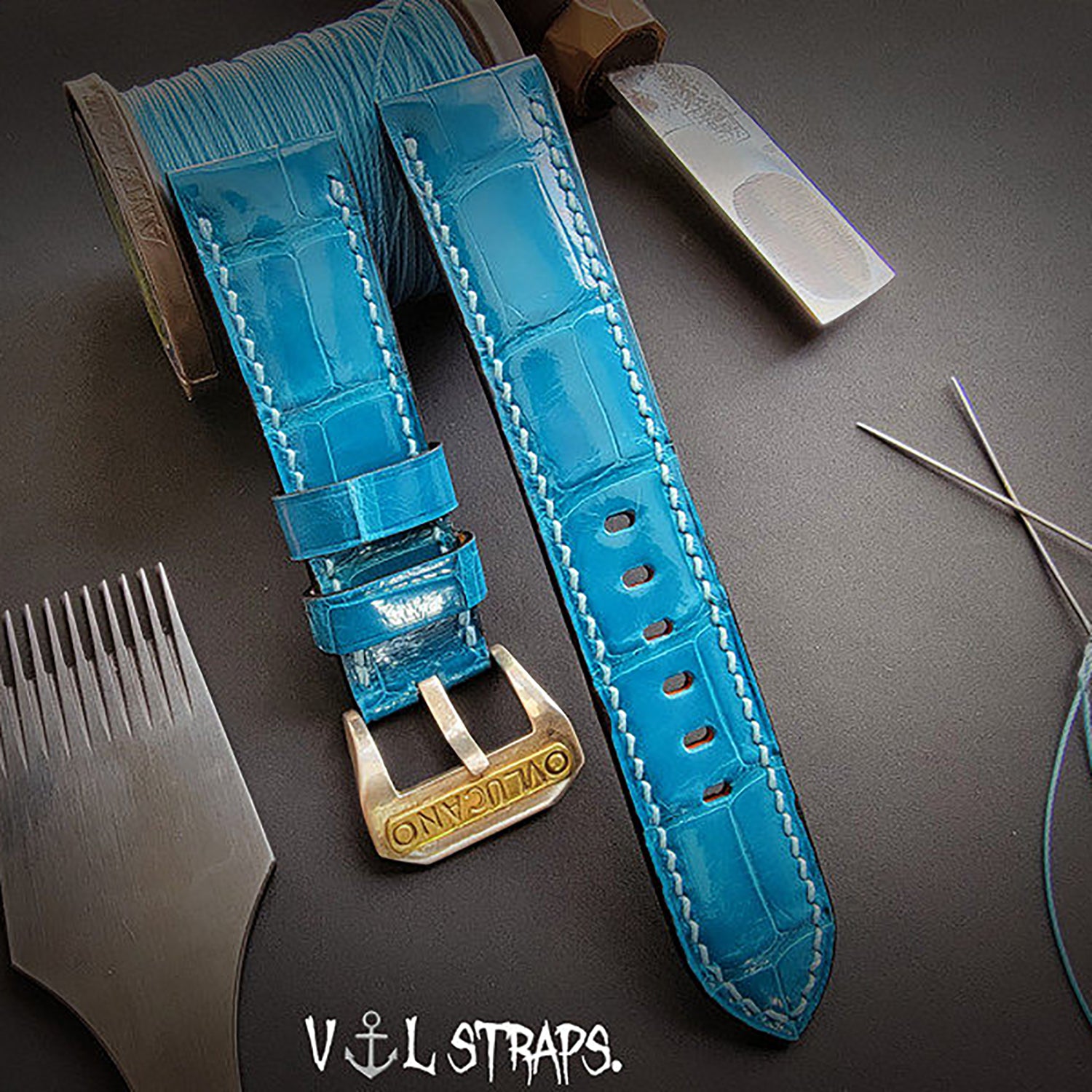 Handmade High-Gloss American Crocodile Leather Watch Strap - Custom Milk White Color, Waterproof, Thickened & Soft - Original Blue