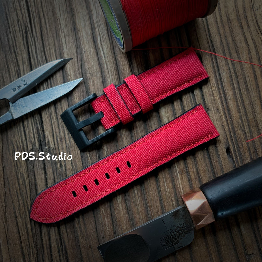 Handmade Nylon Watch Strap Customization - Waterproof, Sweat-Resistant, Durable & Soft, Black & Red, Raised Texture, Pin Buckle