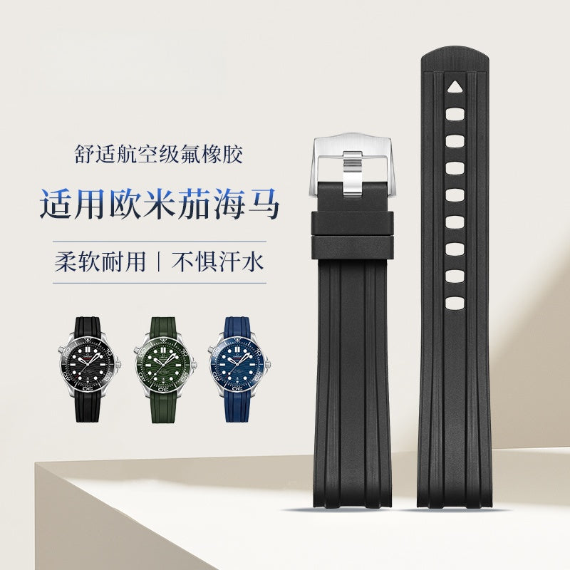 Fluorine Rubber Watch Strap for Omega Seamaster 300, Diver Strap, Fits 007 Black Sniper
