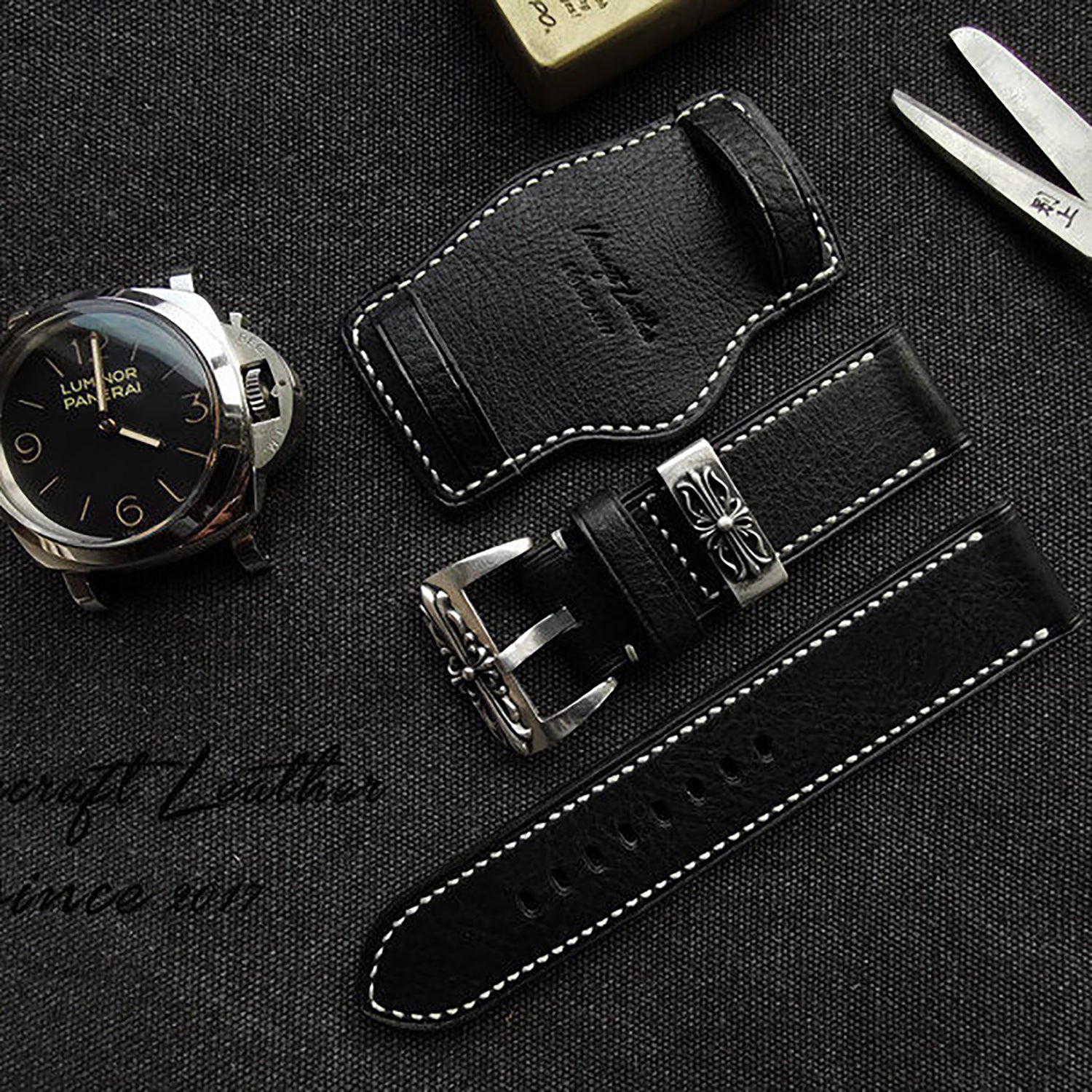 Handmade Custom Watch Strap - Italian Cowhide, Hypoallergenic Lining, Black Original Pin Buckle