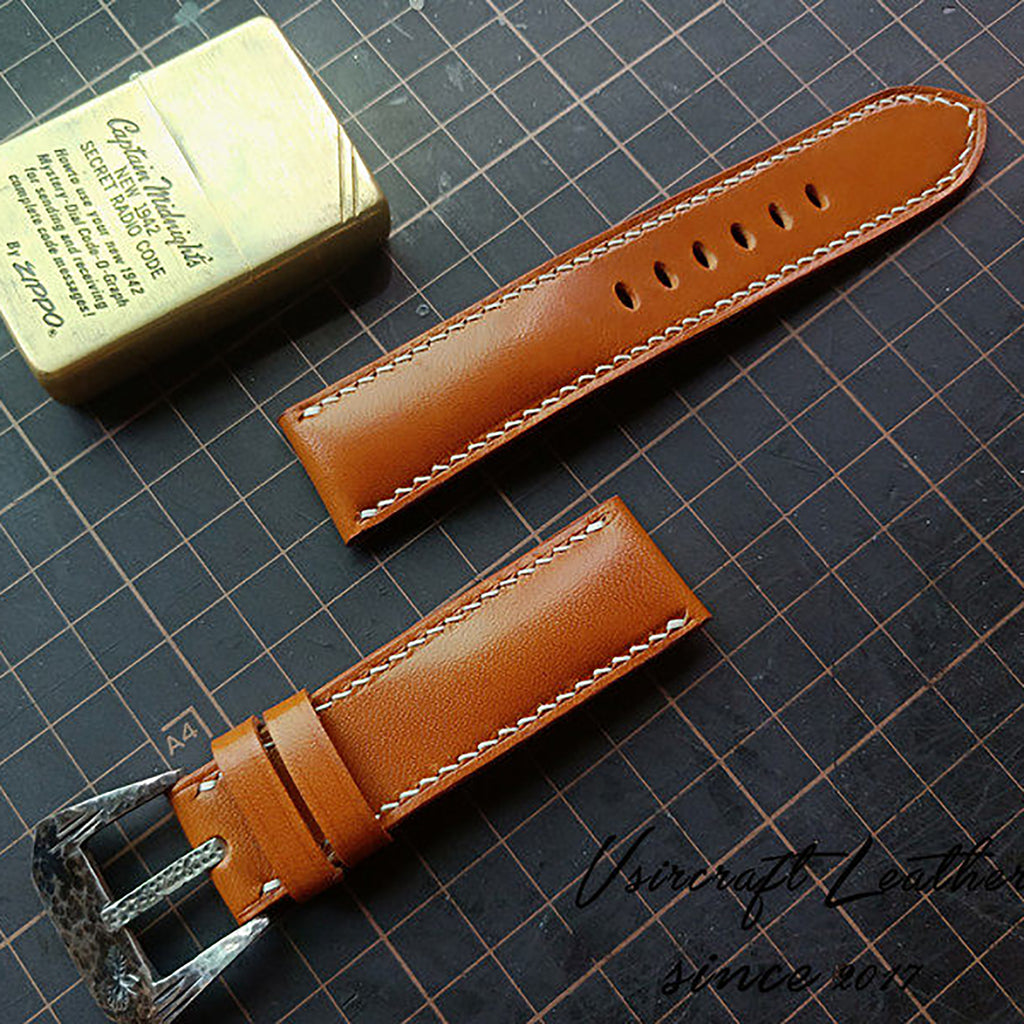 Handmade Custom Italian Chestnut Brown Cowhide Watch Strap - Sweat-Resistant, Soft, Genuine Leather Buckle