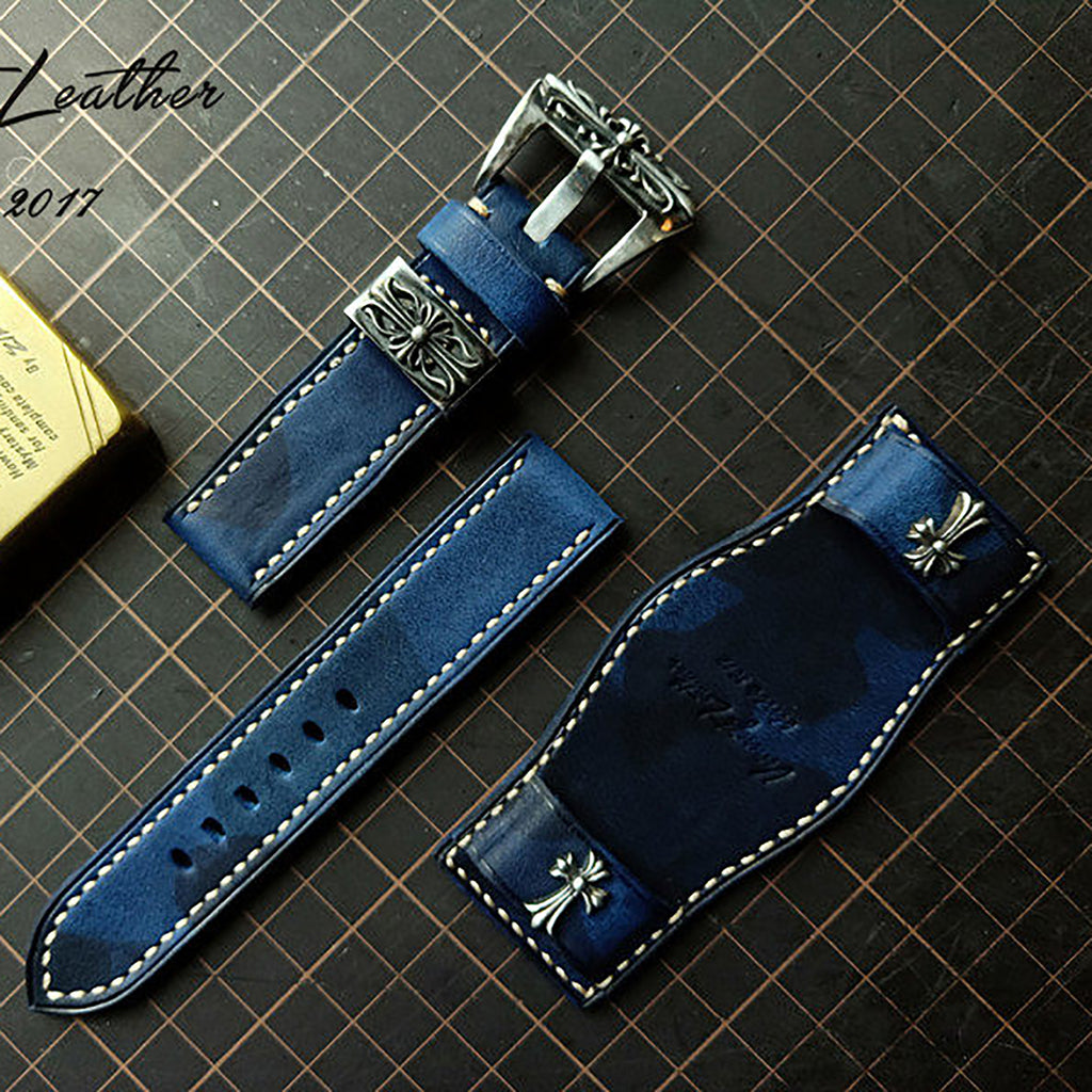 Italian Camouflage Vegetable-Tanned Leather Watch Strap - Hypoallergenic Lining, Soft & Wear-Resistant, Pin Buckle, Customizable