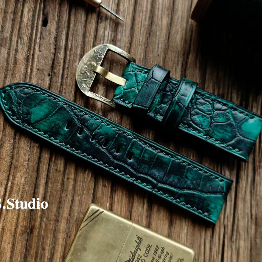 Handmade Custom American Vintage Sanded American Alligator Leather Watch Strap - Matte, Distressed, Black, Custom Pin Buckle