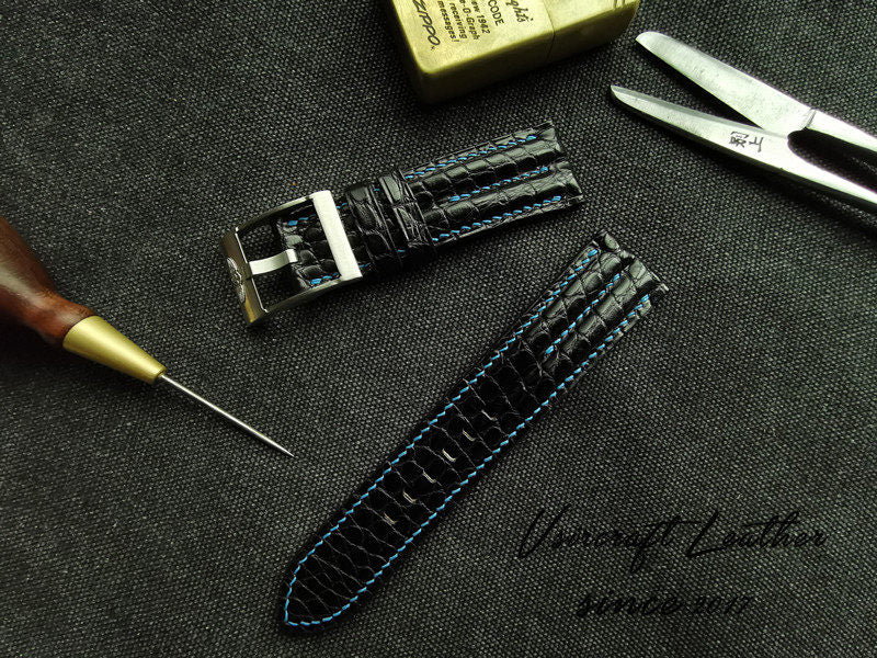Handcrafted Custom Watch Strap - Double-Sided American Alligator Leather, Black, Waterproof & Sweat-Resistant, Soft Texture, Double-Strand Pin Buckle