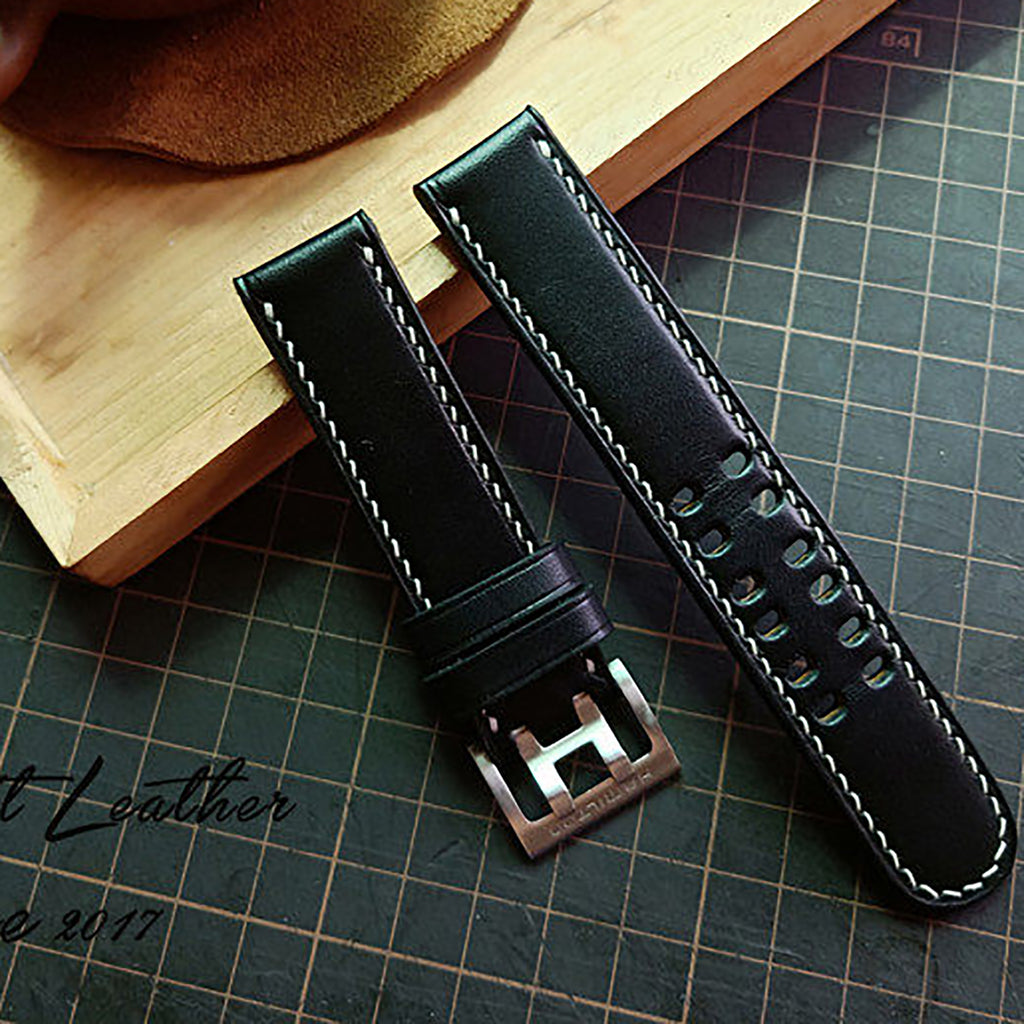 Handmade Custom Italian Black Cowhide Watch Strap - Double-Pin Double-Row Holes, Soft & Durable, Pin Buckle