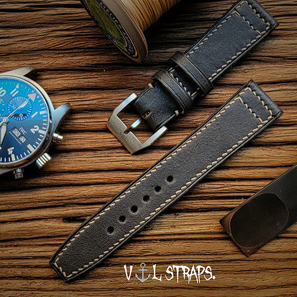Handcrafted Custom Italian Leather Watch Strap - Meteorite Gray, Soft & Comfortable, Pilot & Portuguese Style with Pin Buckle