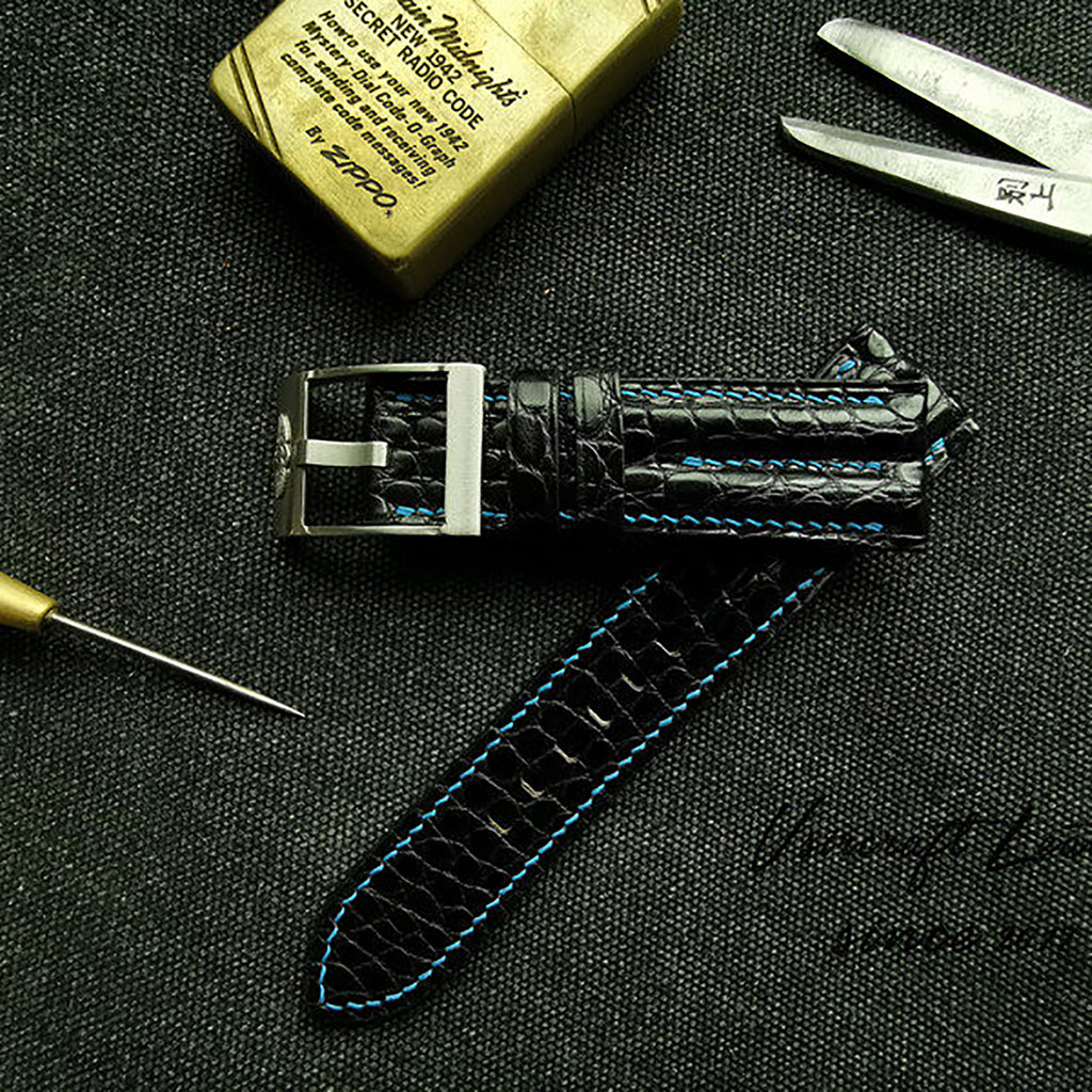 Handcrafted Custom Watch Strap - Double-Sided American Alligator Leather, Black, Waterproof & Sweat-Resistant, Soft Texture, Double-Strand Pin Buckle