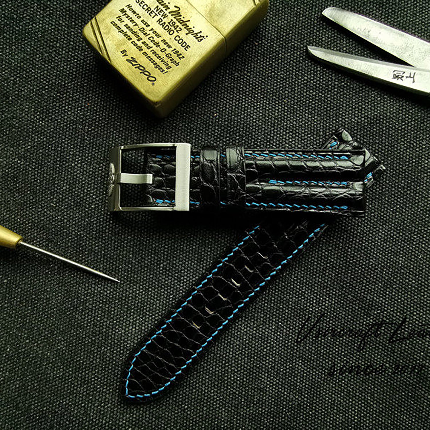 Handcrafted Custom Watch Strap - Double-Sided American Alligator Leather, Black, Waterproof & Sweat-Resistant, Soft Texture, Double-Strand Pin Buckle