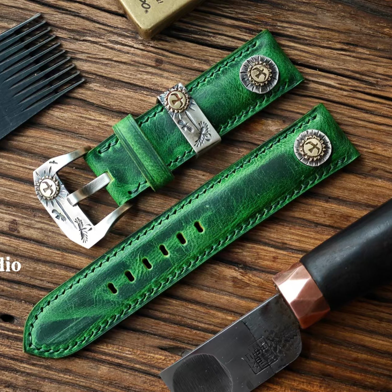 Handmade Custom Kudu Leather Watch Strap - Vintage Green, American Raised Texture, Pin Buckle, Extended Length