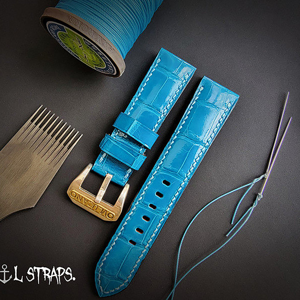 Handmade High-Gloss American Crocodile Leather Watch Strap - Custom Milk White Color, Waterproof, Thickened & Soft - Original Blue