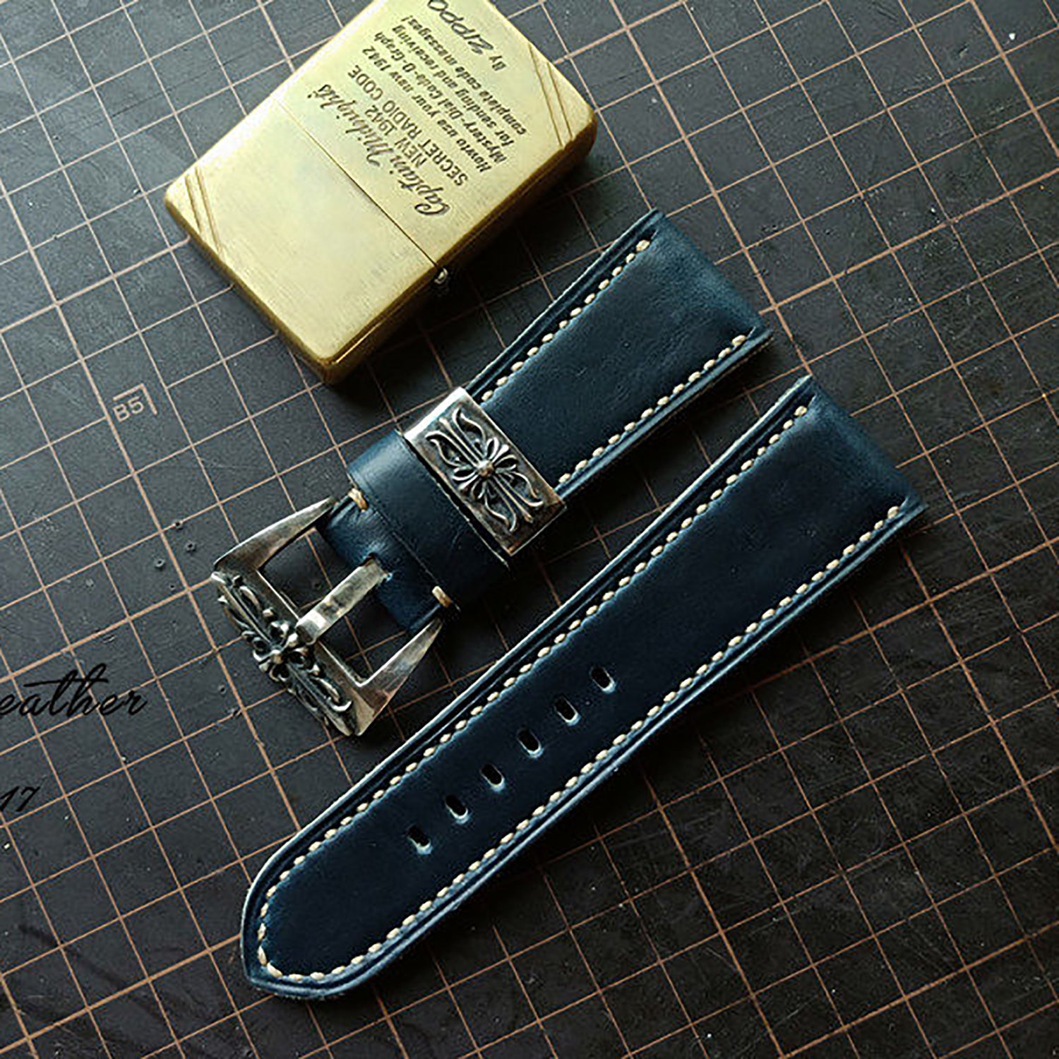 Handmade Custom American Horween Leather Watch Strap - Ink Blue & Dark Blue, Thickened & Soft, Pin Buckle