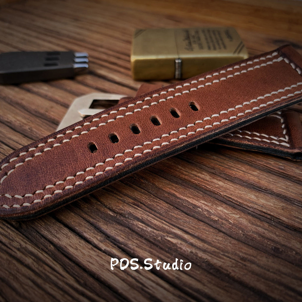 Handcrafted Custom Leather Watch Strap, British Vintage Style, Made of Brown Old-Growth Leather, Soft with Double Thread Sandwich Structure