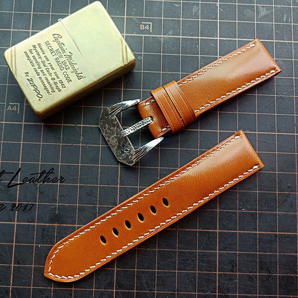 Handmade Custom Italian Chestnut Brown Cowhide Watch Strap - Sweat-Resistant, Soft, Genuine Leather Buckle