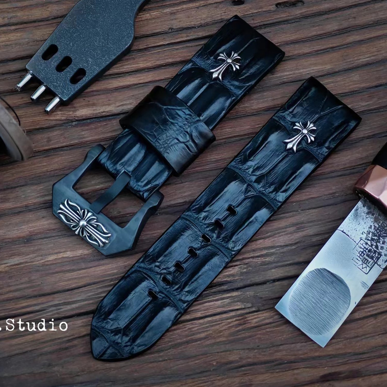 Handcrafted Custom Crocodile Bone Leather Watch Strap - Vintage Raised Inlay with Black, Waterproof & Sweat-Resistant