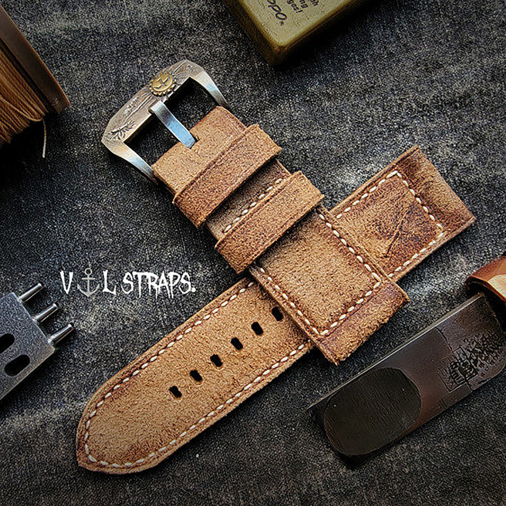 Handmade Watch Strap Customization - British Oil-Waxed Full-Grain Leather, Desert Tan-Green Vintage Pilot Pin-Buckle Strap