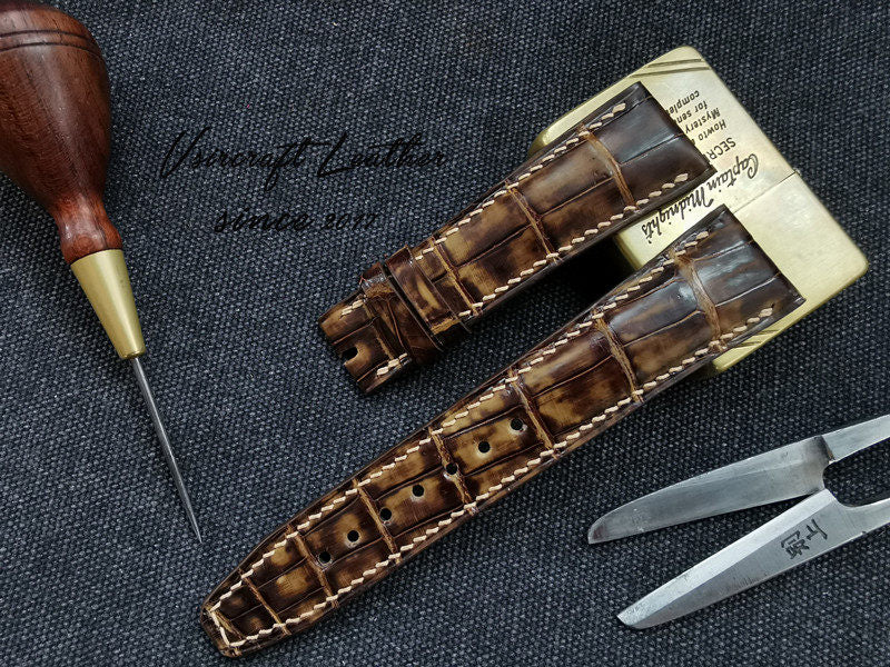 Handmade Custom Vintage American Matte Crocodile Leather Watch Strap - Matte Finish, Distressed Look, Pin Buckle