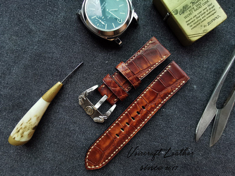 Handmade Custom Vintage American Matte Crocodile Leather Watch Strap - Matte Finish, Distressed Look, Pin Buckle