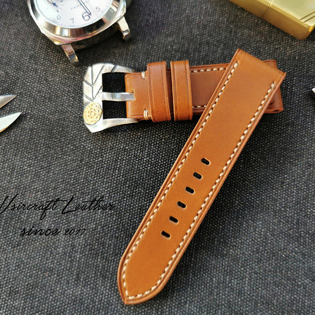 Handmade Custom Light Brown Tan Italian Leather Watch Strap - Vintage American Style, Soft, Thickened, Durable, Pin Buckle
