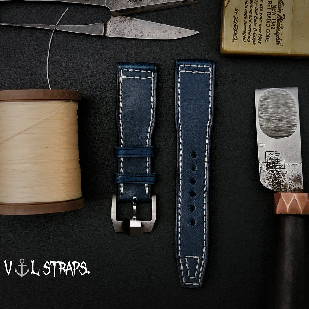 Handmade Custom Italian Cowhide Leather Watch Strap - Compatible with Pilot, Portuguese, Spitfire (Blue Pin Buckle)