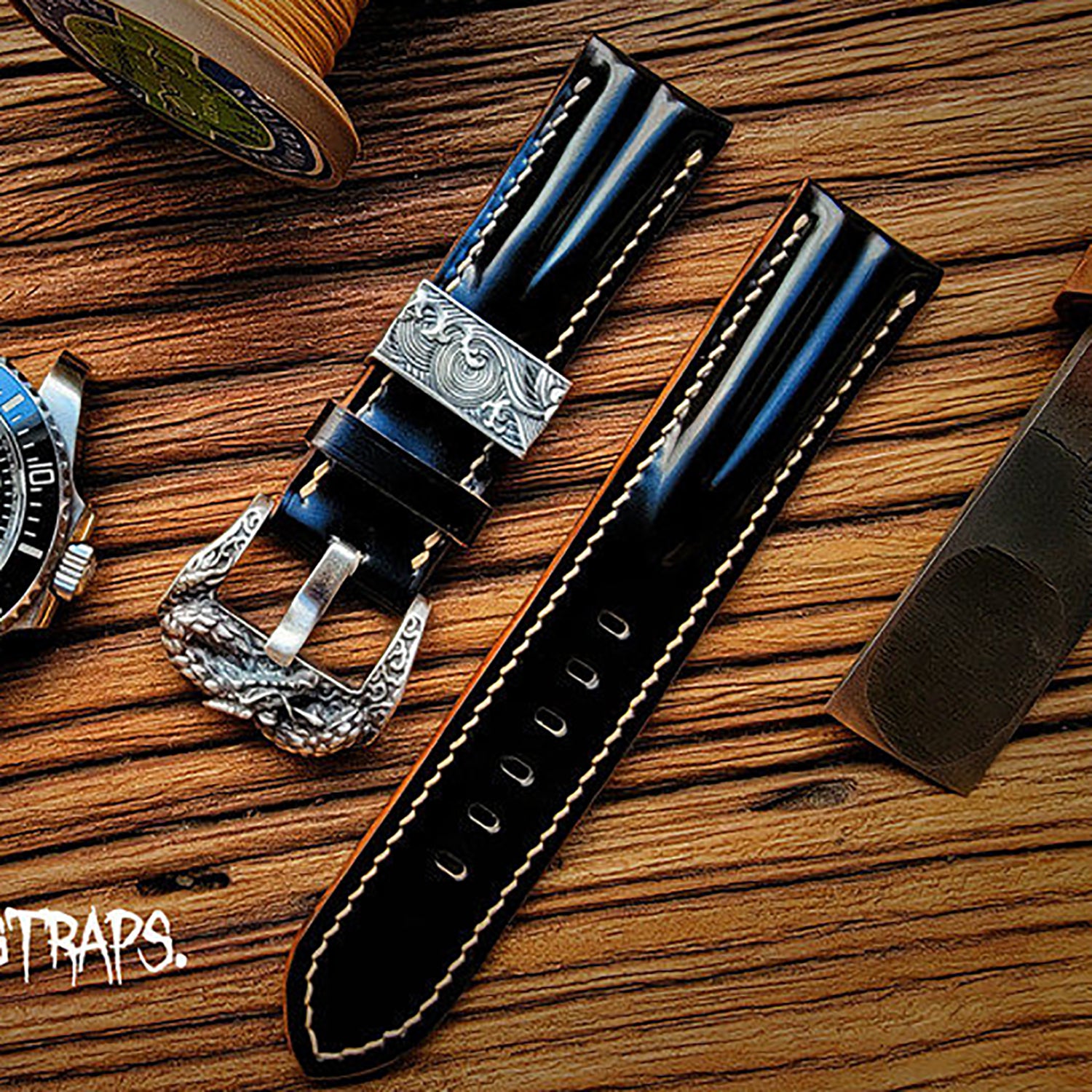 Handcrafted Custom Watch Strap - Horsehide with Drum Effect & Double-Strand Sword Bone Design, Glossy Black & Brown, Soft & Comfortable, Minimalist Style