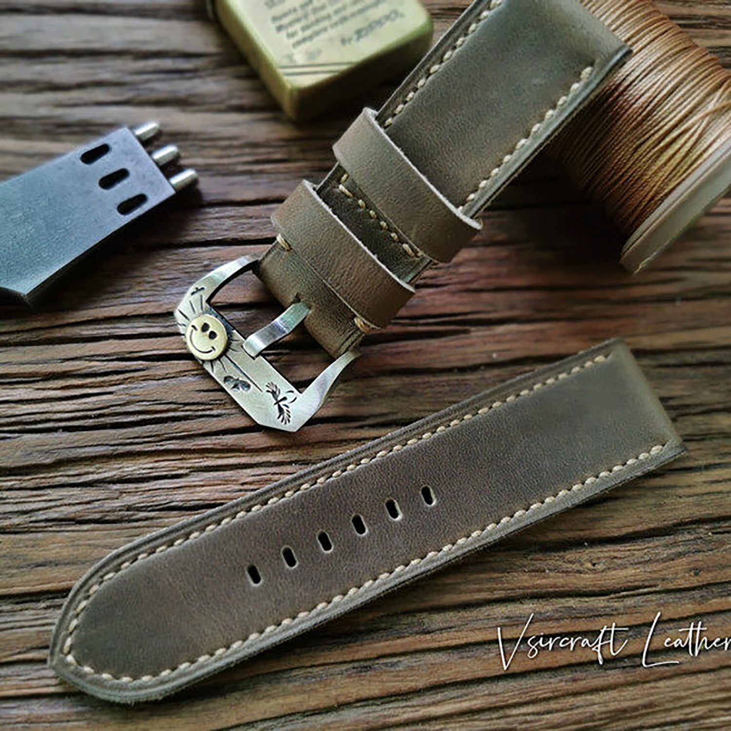 Handmade Custom American Vintage Olive Brown Thickened Cowhide Watch Strap - Soft, Durable, Pin Buckle, Cowhide Care