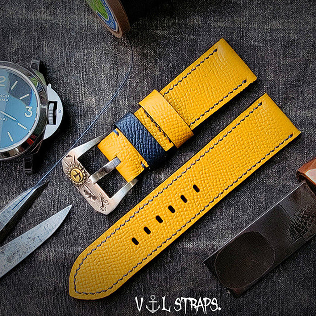 Handcrafted Custom French Calfskin Watch Strap, Color-Blocked & Contrast Design, Sweat-Resistant, Waterproof, Soft Texture with Pin Buckle